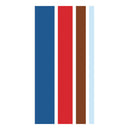 Four vertical color bars in blue, red, brown, and light blue on a white background