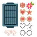 Cookie cutter set with various shapes and a grid-patterned tool on a white background.