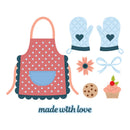 Kitchen set with apron, oven mitts, cookies, and a cupcake on a white background.