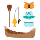Illustration of a canoe with paddle, fish, life jacket, and swimwear on a white background
