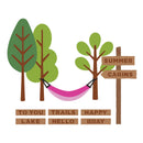 Illustration of trees, a hammock, and a sign with text on a white background