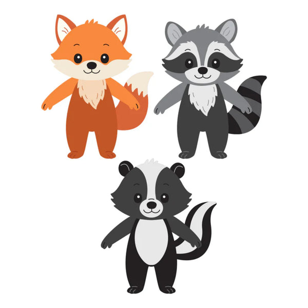 Cartoon illustrations of a fox, raccoon, and badger on a white background