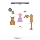 Couture dressform with a pink dress on a white background, featuring Spellbinders Paper Arts branding.