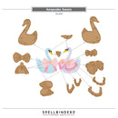 Set of paper swans with decorative elements on a white background, featuring the brand 'Spellbinders'.