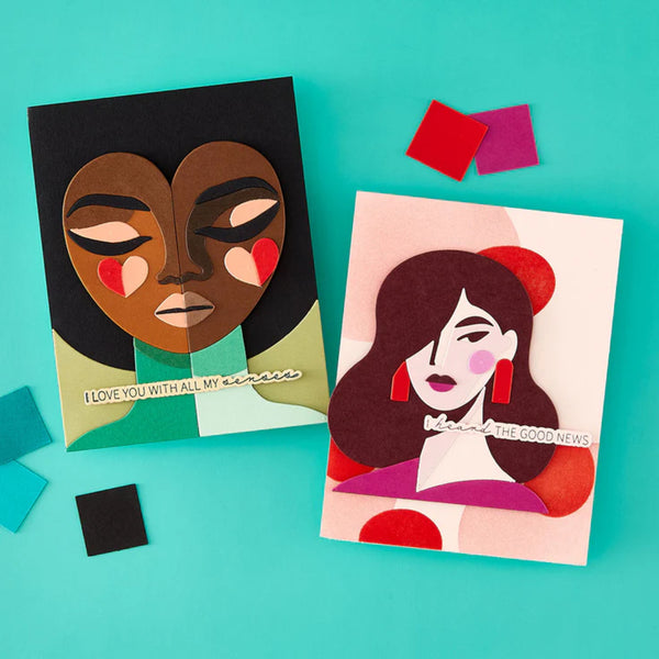 Two greeting cards with artistic illustrations on a teal background