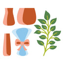 Decorative items including vases, a bow, and a leaf branch on a white background