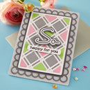 Greeting card with decorative border and 'happy for you' text on a blue background with flowers.