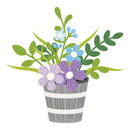 Decorative illustration of a small potted plant with purple flowers and green leaves on a white background.