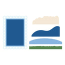 Illustration of a blue square, cloud, and two blue shapes on a white background