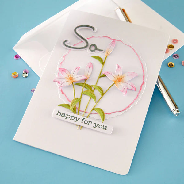 Greeting card with floral design and 'So happy for you' text on a blue background