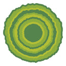 Circular design with concentric green rings on a white background