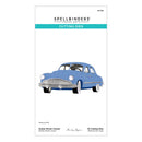 Spellbinders paper arts cutting dies packaging with a blue car illustration on a white background
