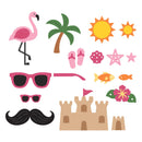 Set of summer-themed decorative items including a flamingo, palm tree, suns, flip-flops, starfish, sunglasses, mustache, and sandcastle on a white background.