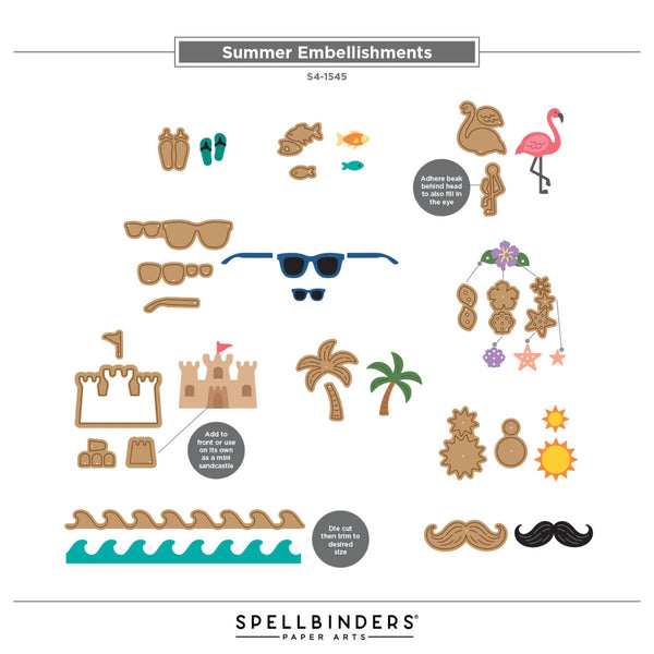 Collection of summer-themed paper embellishments including sunglasses, palm trees, and a castle by Spellbinders.