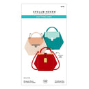 Spellbinders paper arts cutting dies packaging with three colorful handbag designs on a white background.