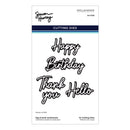 Packaging of Spellbinders cutting dies with 'Happy Birthday', 'Thank you', and 'Hello' text.