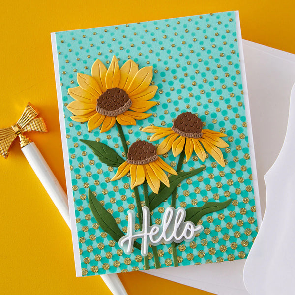 Greeting card with sunflowers and 'Hello' text on a teal patterned background