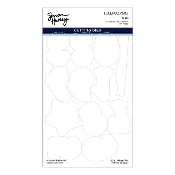 Sheet of cutting dies with balloon shapes on a white background, featuring Simon Hurley branding.