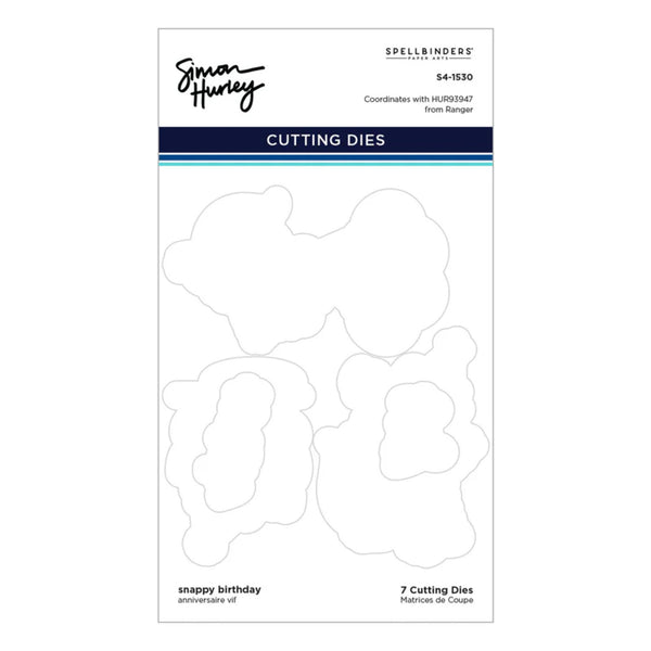 Package of Simon Hurley cutting dies for snappy birthday design on a white background