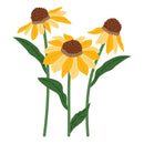 Illustration of three yellow flowers with brown centers on a white background