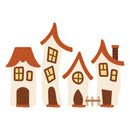 Set of four cartoon houses with brown roofs and doors on a white background