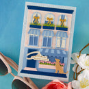 Handmade card with a cute dog and 'Sweet Home' text on a blue background