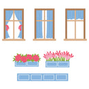 Illustration of windows with blue curtains and flower boxes on a white background