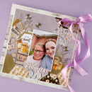 Decorative card with a photo of two people and floral designs on a purple background