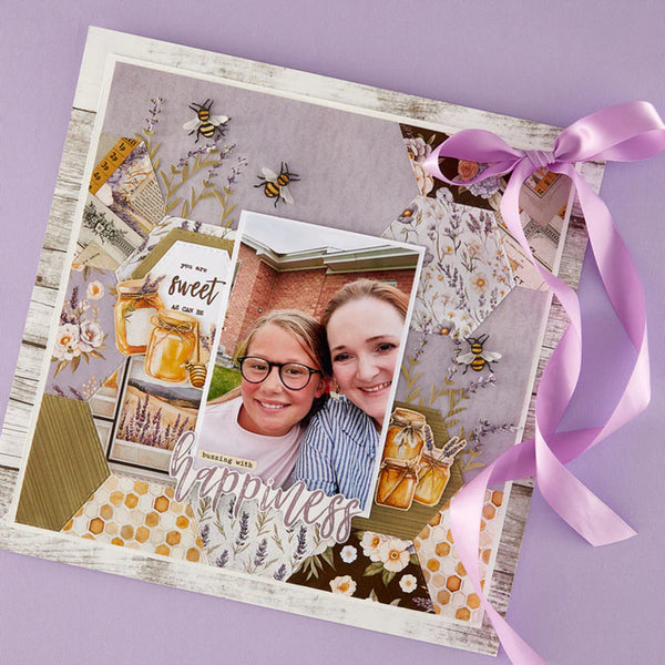 Decorative card with a photo of two people and floral designs on a purple background