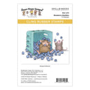 Cling rubber stamps with illustration of two mice in a blueberry crate on a white background