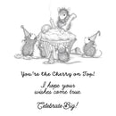 Illustration of mice around a cupcake with text 'You're the Cherry on Top! I hope your wishes come true. Celebrate Big!'