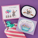 Three greeting cards with cartoon characters on a purple background