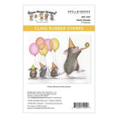 Packaging of House Mouse Designs cling rubber stamps with a mouse holding balloons and party hats.