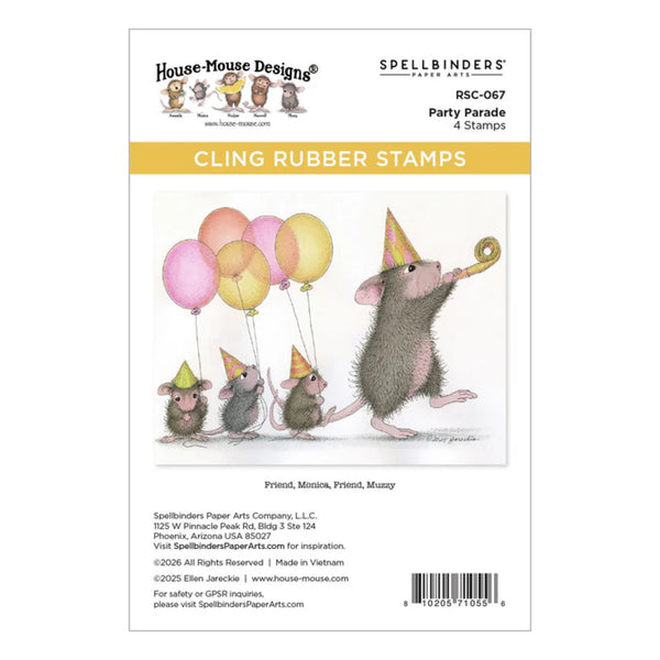 Packaging of House Mouse Designs cling rubber stamps with a mouse holding balloons and party hats.