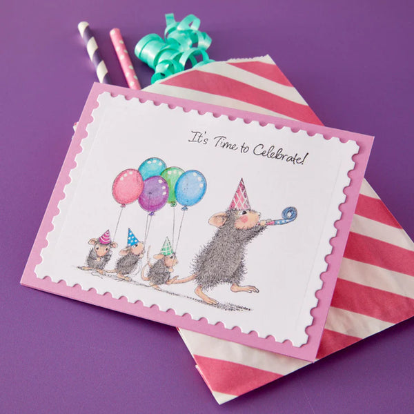 Greeting card with cartoon mice and balloons on a purple background