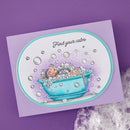 Card with a bear in a bathtub and 'Find your calm' text on a purple background