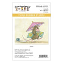 Cling rubber stamps packaging with a mouse holding an umbrella and a bucket, featuring House-Mouse Designs and Spellbinders branding.