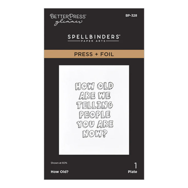 Spellbinders press and foil product packaging with text on a white background