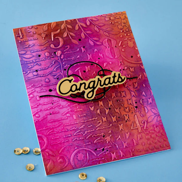 Decorative card with 'Congrats' text on a textured pink and purple background