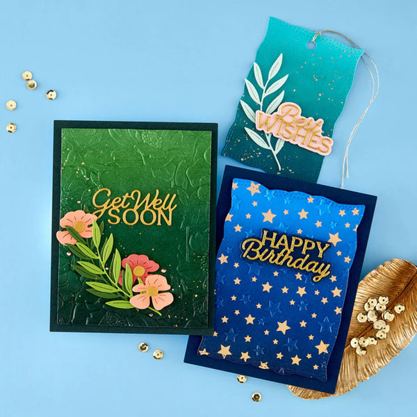 Three greeting cards with 'Get Well Soon', 'Happy Birthday', and decorative elements on a blue background.