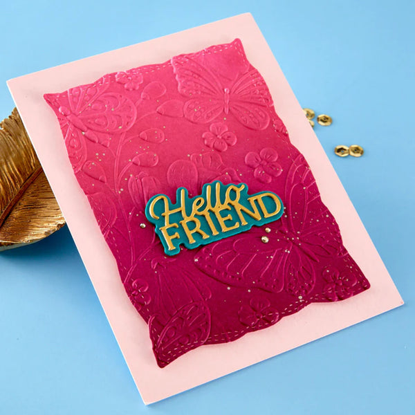 Greeting card with 'Hello Friend' text on a pink embossed background