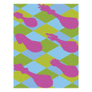 Colorful rug with pink abstract shapes on a green and blue checkered background