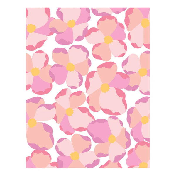 Floral pattern with pink and yellow flowers on a white background