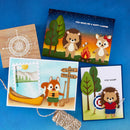 Set of four illustrated cards featuring animal characters on a blue background
