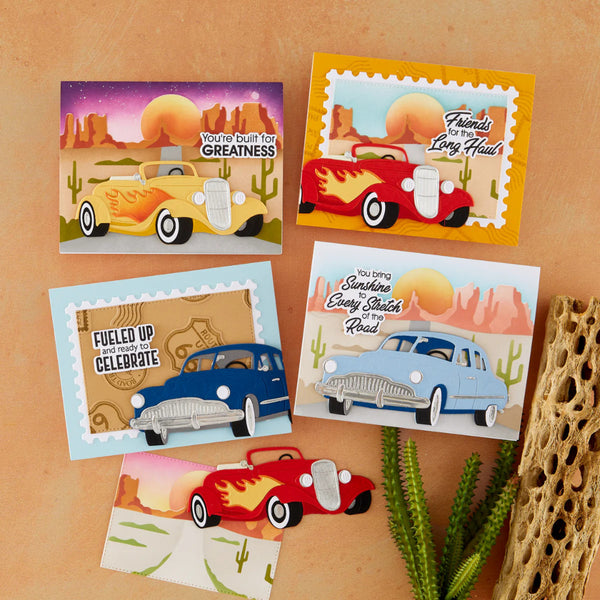 Set of five illustrated greeting cards with vintage cars on a wooden surface.