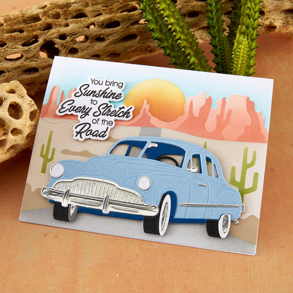 Card with a vintage car illustration and desert scene, featuring text about bringing sunshine.