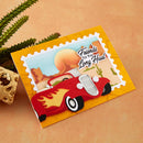 Greeting card with a red truck and desert scene on a yellow border, featuring the text 'Friends for the Long Haul'.