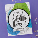Aquarius zodiac sign illustration on a purple background with stars.