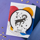 Aries zodiac sign card on a colorful background