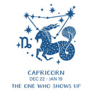 Capricorn zodiac sign illustration with constellation and descriptive text on a white background